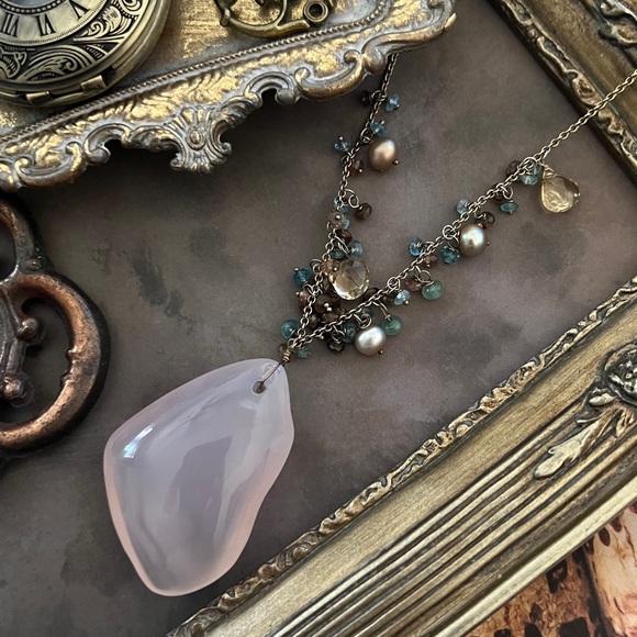 ALEXIS BITTAR • Citrine Rose Quartz Moonstone Crystal Pearl Pendant Necklace - Picture 4 of 4